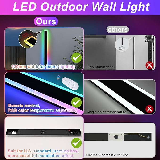 2 Pack Outdoor LED Wall Lights for House,RGB Long Outdoor Wall Lights,60 inch Long Linear Light Fixture,Dimmable Outside Wall Light for Porch,Enterway,Garage with Control Remote