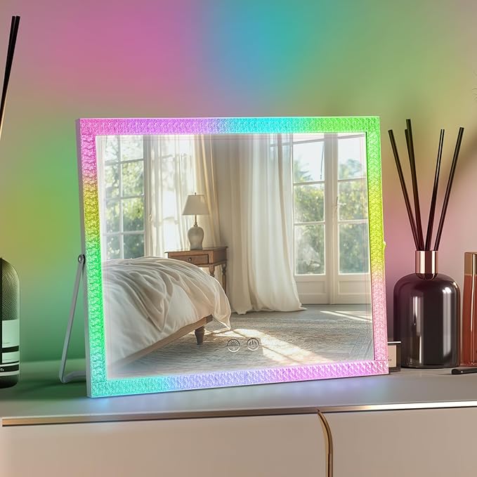 Vanity Mirror with Lights,RGB & 3 Dimmable Light Modes Makeup Mirror with Touch Control,Light Up Mirror for Desk,360°Rotation,14x17 Inch