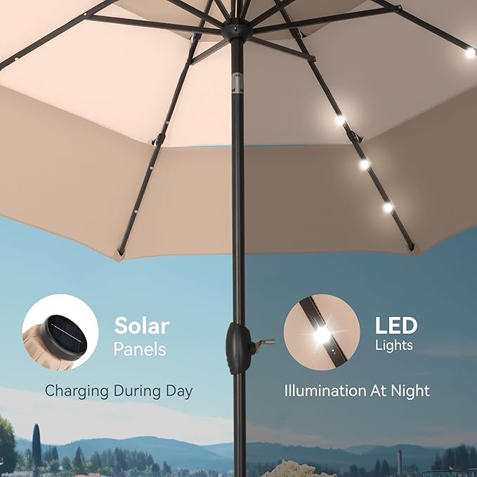 PHI VILLA 10ft Patio Umbrella with Solar Lights, Outdoor 3 Tier Vented Large Market Table Umbrella with 8 Sturdy Ribs and 1.5" Umbrellla Pole for Lawn Poolside Garden Terrace, Beige & Tan