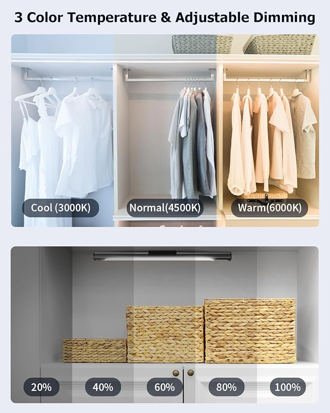 Under Cabinet Lights, 3 Color Dimmable Motion Sensor Light Indoor, 14 Inch Wireless Closet Lights 64 LED with Digital Display, 3600mAh Rechargeable Battery Operated Under Counter Light