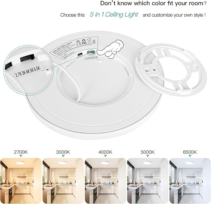 Brightever 9 Inch Flush Mount LED Ceiling Light Fixture, 5-in-1 CCT 2700K/3000K/4000K/5000K/6500K Selectable, 180W Equivalent, 2200LM Super Slim 18W LED Ceiling Lights for Living Room, Porch, 4 Packs