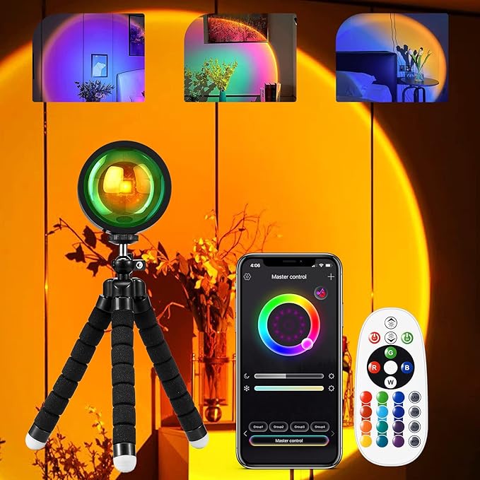 Sunset Lamp Projector, Multiple Colors with APP & Remote Control, 360 Rotation LED Sunset Projection Lamp for Photography/Party/Gift/Home Decor