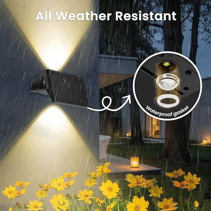 Solar Fence Lights Outdoor, 4-Pack Fence Lights Solar Powered with Up/Down Buttons, IP67 Waterproof for Outside, 120LM Auto Dusk to Dawn for Wall/Patio/Yard/Railing/Deck/Pathway (Warm White)