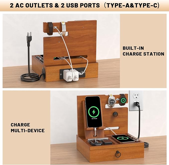 Wood Phone Docking Station with USB Ports and Outlets, Nightstand Organizer with Charging Station, Bedside Organizer with Drawer for Watch & Accessories, Christmas Anniversary Birthday Gifts for Men