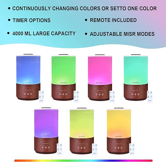 BlueHills Premium 4000 ml Tall Essential Oil Diffuser 4L 4 Liter 50 Hour Run with Remote Timer Aroma Humidifier 1 Gallon Big Capacity High Mist Output for Large Room Lights Dark Wood Grain XL T402