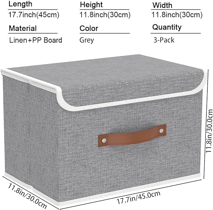 Yawinhe Storage Bins with Lids, Closet Baskets, Washable and Leather Handle, Collapsible Boxes for Home, Grey, 17.7''Lx11.8''Wx11.8''H, 3-Pack, USNK024GX-3