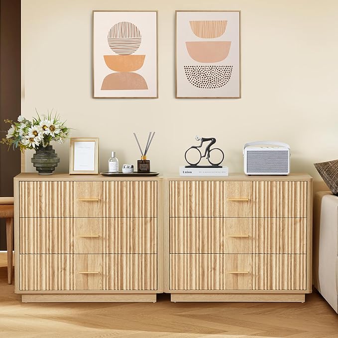 Fluted Dresser for Bedroom with 3 Drawers,31.5"Wide Modern Chest of Drawers with Metal Handle,Large Storage Dresser,Wood Closet Clothes Storage Organizer for Nursery Living Room Hallway,Natural 2 Sets
