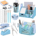 17 in 1 Blue Desk Organizers and Accessories Set, 3 Office Desk Supplies Storage Organization, 4 Pens, Stapler, Staples & Remover, Tape & Dispenser, Scissors, Ruler, Clips, Hole Punch, Back to School