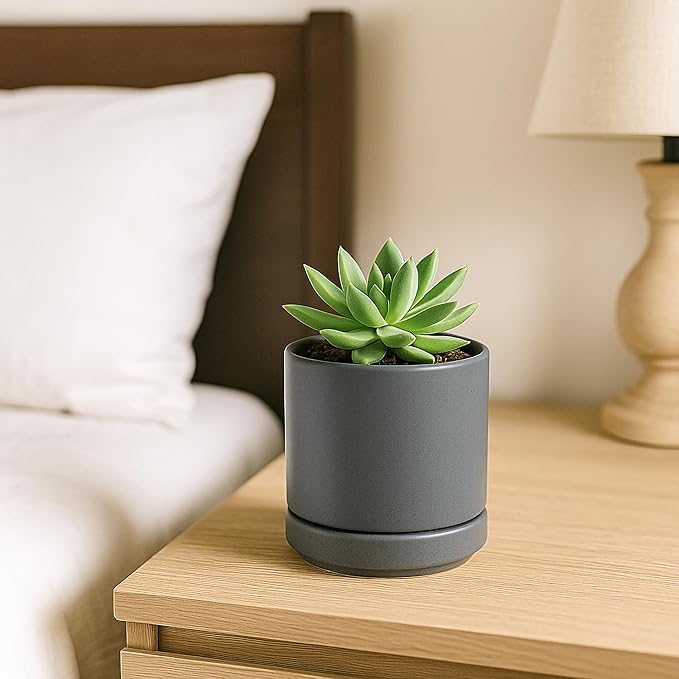 D'vine Dev 3.5 Inch Ceramic Planter Pot with Drainage Hole and Saucer, Indoor Cylinder Round Planter Pot, Speckled Grey, 94-O-A-3