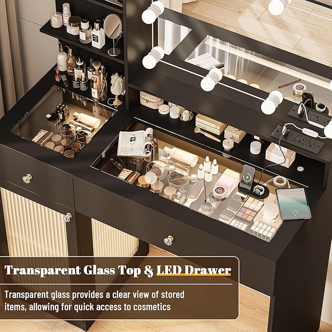 40" Vanity Desk with Large Mirror and Lights, Modern Glass Top Makeup Vanity Set with Power Outlet, Drawers and Cabinet, 3 Lighting Color Adjustable Dressing Table for Bedroom, Black