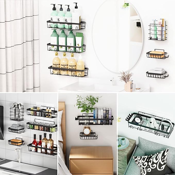 Shower Caddy, Bathroom Organizers, Black Shower Shelves for Inside with Soap Caddy & Toothbrush Holder, Stainless Steel Wall Rack Baskets Adhesives Mounted(5 PCS)