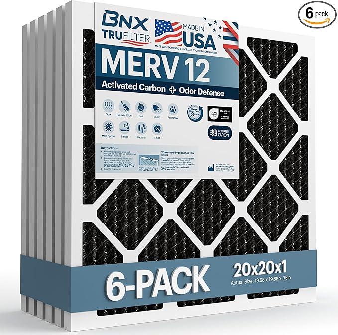 BNX TruFilter 20x20x1 MERV 12 Odor Defense (6-Pack) AC Furnace Air Filter with Activated Carbon - MADE IN USA - Pleated Air Conditioner HVAC AC Furnace Filters - Removes Odor, Mold, Bacteria, Smoke