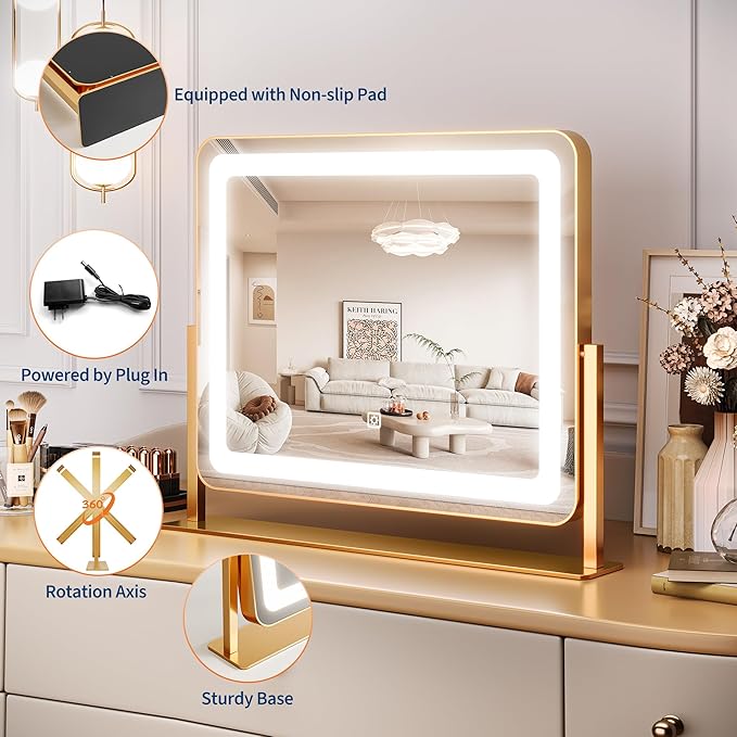 IDEALHOUSE Vanity Mirror with Lights, 20"x17" Lighted Makeup Mirror, LED Desk Mirorr with 360° Rotation, Dimmable 3 Modes, Smart Touch Control for Bedroom or Tabletop(Square,Gold)