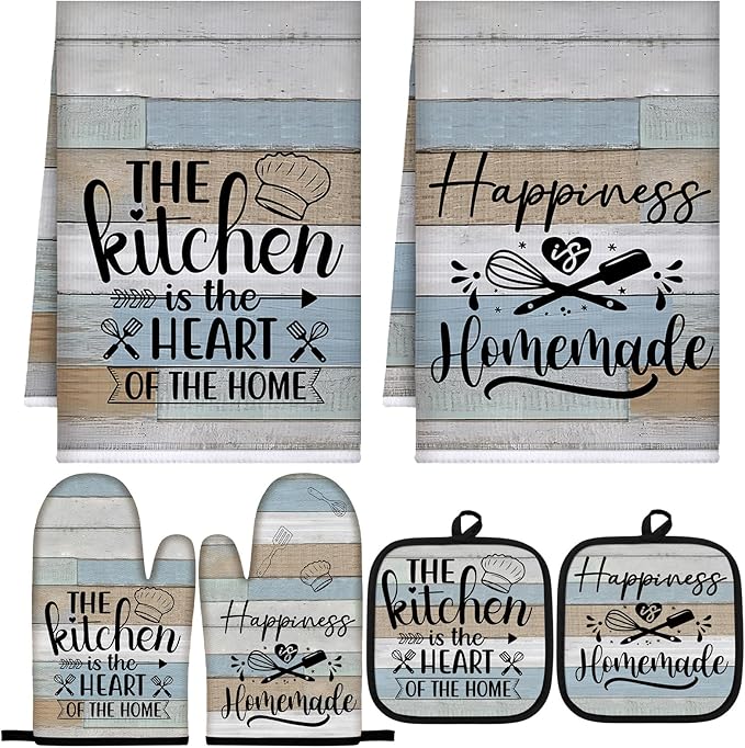 Sratte 6 Pcs Kitchen Decor Accessories Set Farmhouse Towels Pot Holders Oven Mitts Set 2 Dish Towels 2 Potholders 2 Cooking Mittens Oven Glove for Christmas Baking Cooking Supply(Brown Green,Kitchen)