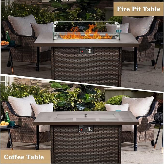Propane Fire Pit Table,44 Inch 55000 BTU Outdoor Gas Fire Pit Rectangular with Glass Wind Guard for Outside Patio Deck (Brown-Aluminum Top)