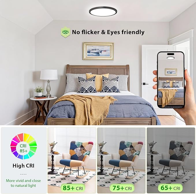hunhun 8 Pack 3200lm LED Flush Mount Ceiling Light 12 Inch,5CCT Adjustable, Super Slim 0.87 inch led Ceiling Light Fixture for Bedroom, Living Room, Dining Room (Black, 8-Pack)