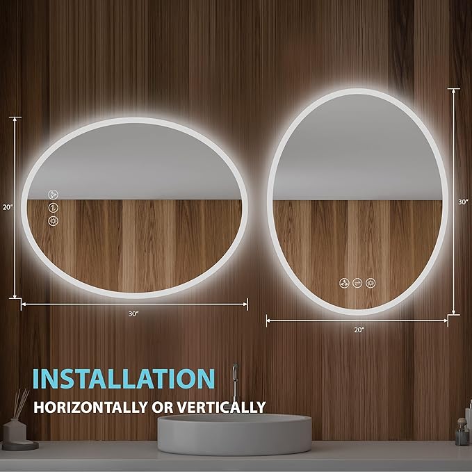 20x30 Inch Oval LED Lighted Makeup Mirror for Bathroom Vanity | LED Mirror for Bathroom with Fogless Waterproof Glass, 3 Color Dimmable | Wall Mounted LED Vanity Mirror | Smart Lighted Makeup Mirror