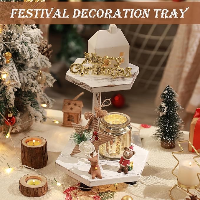 Tikea Hexagonal Wood Riser for Display, 2-Pack Wood Farmhouse Riser for Kitchen Bathroom Counter Decor, Decorative Tray for Soap Dispenser, Decorations and Plant