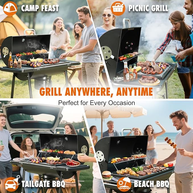 Realcook BBQ Barrel Charcoal Grill: Spacious Premium Outdoor Barbecue Grills with Side Tables - Perfect for Outdoor Cooking Backyard Grilling Patio Tailgating Camping Picnic and Party