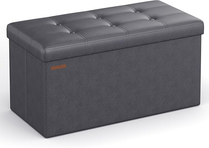 SONGMICS Mazie Collection - 30 Inches Folding Storage Ottoman Bench, Ottoman with Storage, Foot Rest Stool, Load 660 lb, for Living Room, Synthetic Leather, Dark Gray ULSF040G01