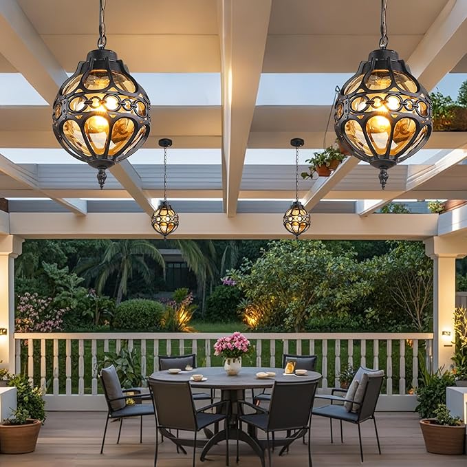 Dusk to Dawn Rust proof Outdoor Pendant Lights,Waterproof Aluminum Black Sphere Outdoor Chandelier for Porch,Gazebo,Vintage Exterior Hanging Pendant Light Fixtures with Adjustable Chain,with Sensor