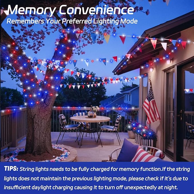 Red White and Blue Solar Fairy Lights, Memorial Day Lights Waterproof Outdoor 39.4ft 120LED 8 Modes Memory Function Independence Day Memorial Day Decorations, CS-SL-5M