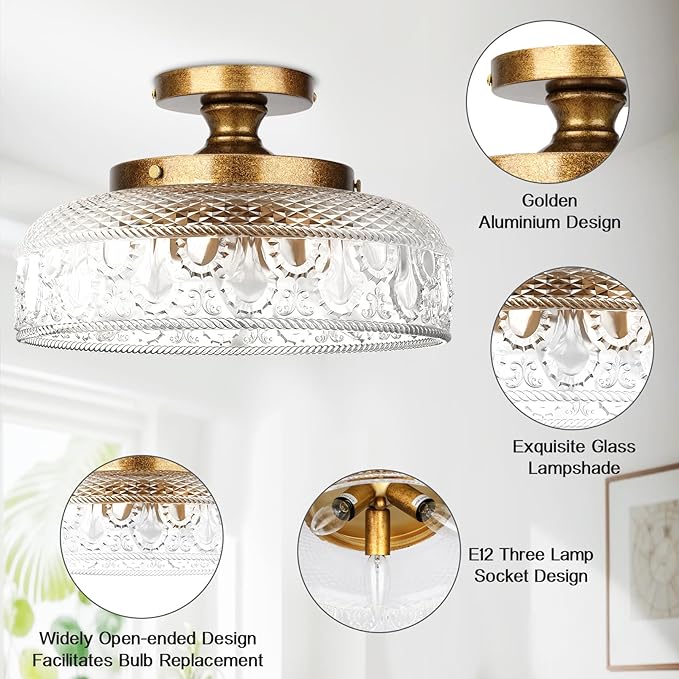 Lamomo Semi Flush Mount Ceiling Light, 3-Bulb Hallway Light Fixture, Antique Brass Gold Globe Glass Close to Ceiling Scone,Indoor Hanging Lantern for Bedroom Kitchen Porch Hallway,Bulbs Not Included