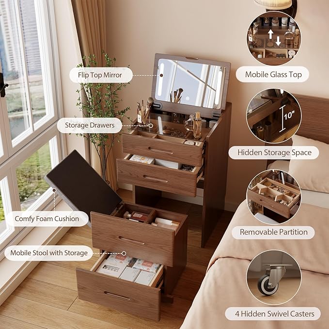 Solid Wood 3 in 1 Vanity Desk with Flip Top Mirror, No Assembly, Compact Vanity with Hidden Chair, Small Makeup Vanity Set with Power Outlet, Dressing Table for Bedroom, Walnut