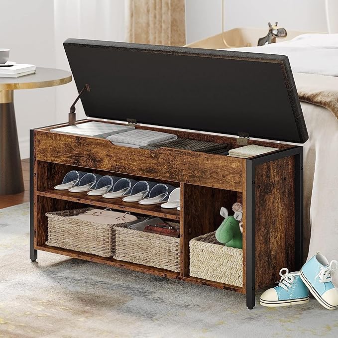 Shoe Bench, Lift Top Shoe Storage Bench, Adjustable Shelf Entryway Bench, Metal and Wood Shoe Rack Organizer with Cushion for Entry, Bedroom, Closet, Living Room, Hallway (Brown, 35.5“W)