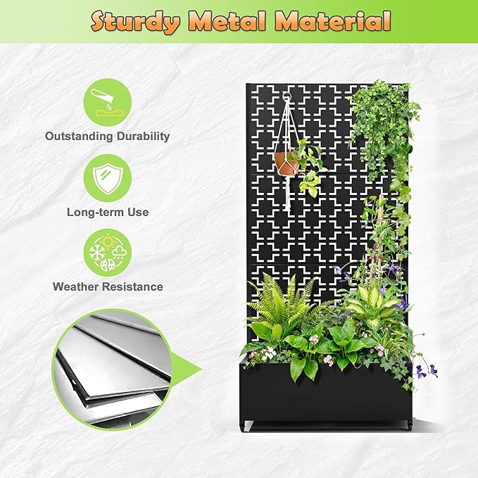 Metal Raised Garden Bed with Trellis, 2-in-1 Planter Box & Privacy Screen for Climbing Plants, Outdoor Standing Flower Bed with Drainage Holes, 35.4" L x 15.7" W x 70.1" H, Black-Square