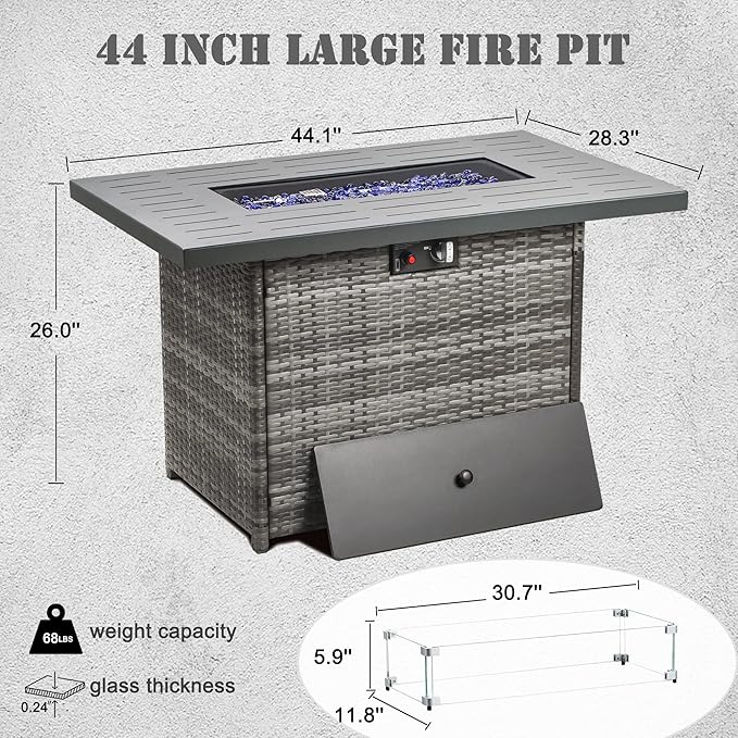 Propane Fire Pit Table,44 Inch 55000 BTU Outdoor Gas Fire Pit Rectangular with Glass Wind Guard for Outside Patio Deck (Gray-Aluminum Top)