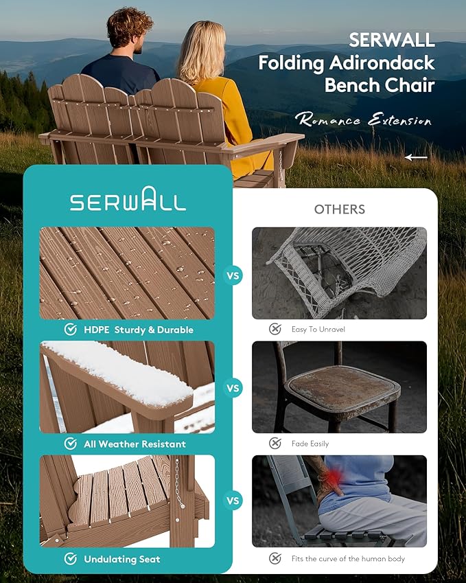 SERWALL Folding Adirondack Bench, HDPE All-Weather Adirondack Loveseat, 660 lbs Capacity, Foldable Outdoor Patio Bench for Deck, Lawn, Garden, Brown