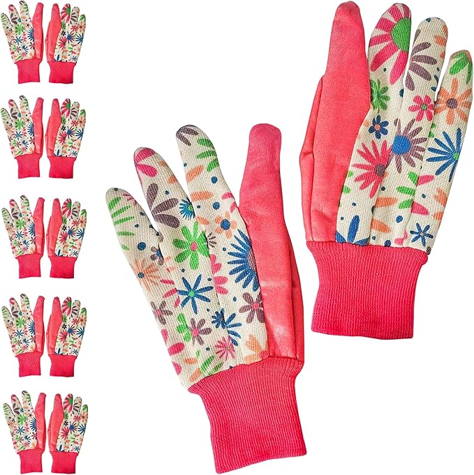 Floral Gardening Gloves for Women, 9 Inch. 6 Pairs Cotton Work Gloves with Knit Wrist. Gardening Gifts for Women