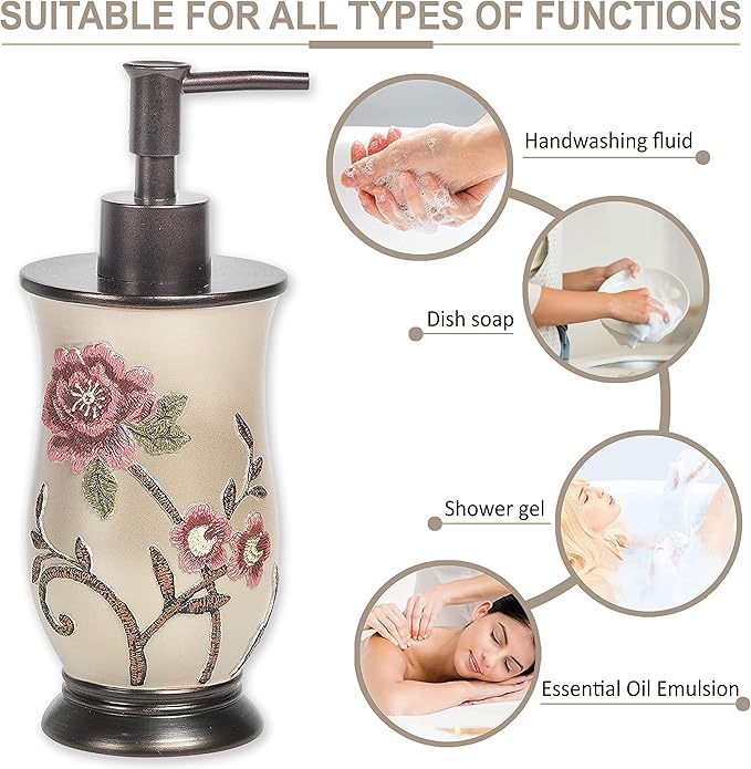 Zahari Home 4pc Larrisa Floral Bathroom Accessories Sets Modern Classic Flower Soap Dispenser, Tumbler, Tooth Brush Holder and Soap Dish Holder Luxury Decor Unique Design Stylish Bathroom Sets