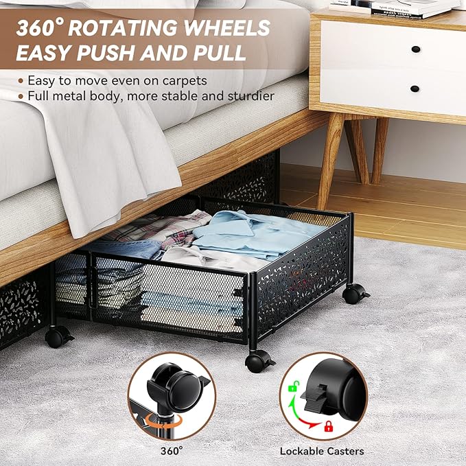 Under Bed Storage, Under the Bed Storage Containers with Wheels, Under Bed Shoe Storage Organizer Drawer for Bedroom Clothes Shoes Blankets -4Pack
