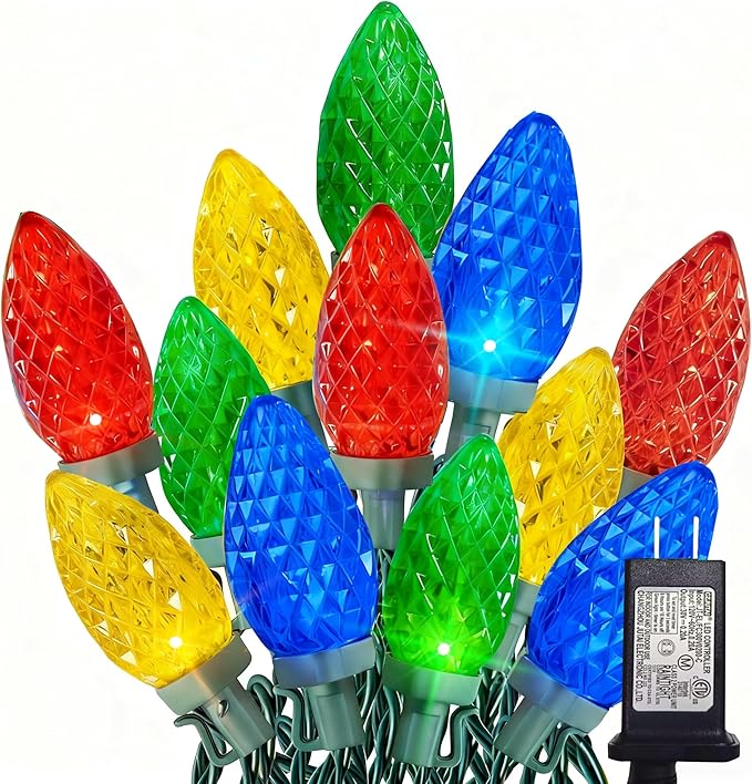 Dazzle Bright C9 Christmas String Lights, 100 LED 66 FT Waterproof Connectable Green Wire Fairy Lights, Christmas Lights for Indoor Outdoor Home Yard Xmas Tree House Decorations (Multi-Colored)