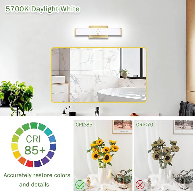 16 Inch Bathroom Vanity Light 2000LM, 5700K Daylight White Modern Bathroom Light Dimmable, AC 120V 20W Gold LED Vanity Lighting Fixtures Wall Sconce ETL Certified, 2Pack