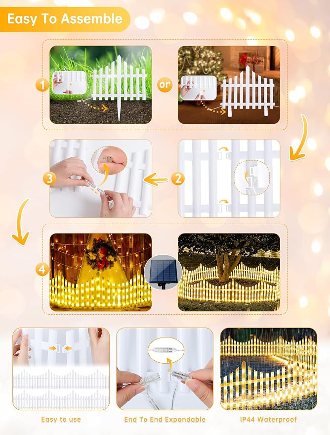 Hopolon 8 Pack White Picket Fence for Garden, 11.1in (H) X 9.1ft (L) Garden Fence Border with 144 Led Solar Lights and Remote, Decorative Mini Pocket Fence for Small Flower Path Tree Yard Pet Barrier