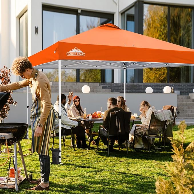 EAGLE PEAK Pop Up Canopy Tent with Wheeled Carry Bag, 8 Stakes, 4 Ropes, 4 Weight Bags, Easy Set Up Tent Canopy, 12x12 ft, 144sqft of Shade, Orange