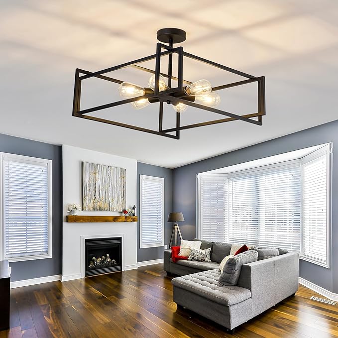 ZGLAOJT 6-Lights Close to Ceiling Light 22.83 Inch Black Light Fixture Industrial Flush Mount Ceiling Large Farmhouse Chandelier Lighting for Kitchen Island Dining Room Bedroom Foyer Hallway