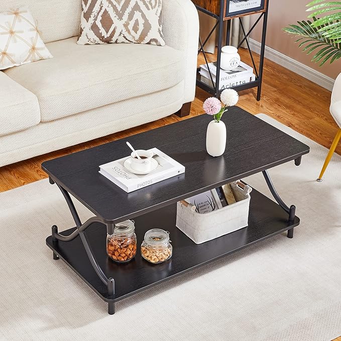 VECELO 39-Inch Coffee Table with Storage and Open Shelves for Living Dining Room, Modern Rectangle & Industrial Design, X-Shape Frame, Black