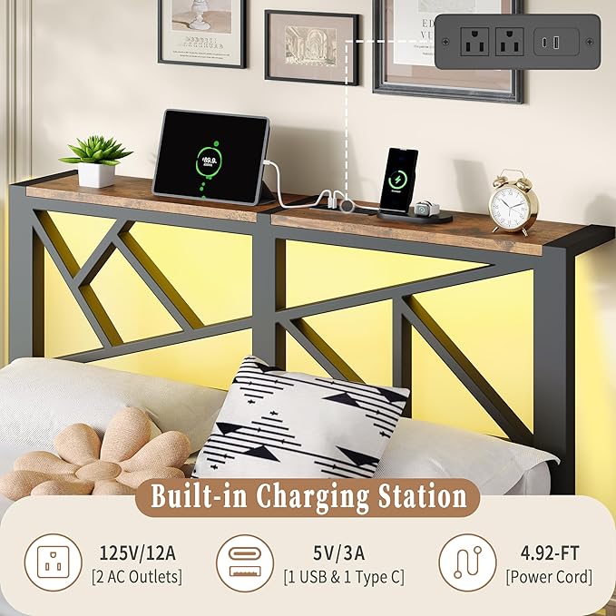 King Size Black Metal Bed Frame with USB Charging Station, LED Ambient Lighting, and Wooden Storage Headboard - Includes Under-Bed Storage, No Box Spring Needed, Noise Free, Easy Assembly