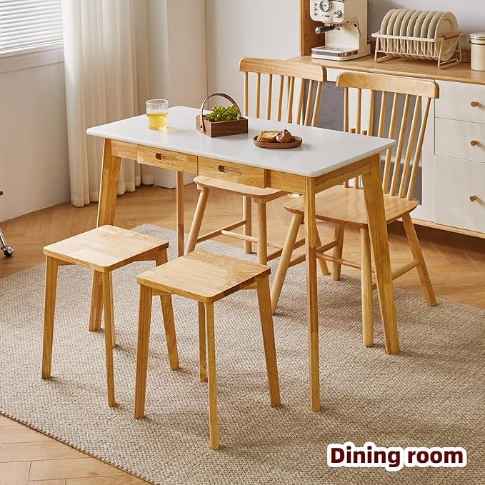 Small Computer Desk Table, Wood Writing Desk with Drawer and Hanging Rod, 39x20x30inch Study Desk, Work Desk, Wooden Dining Table White + Natural Wood Legs YD-WD01WN