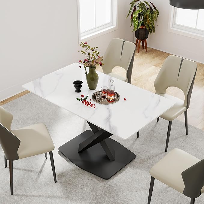 55" Modern Dining Table for 4-6 People, White Sintered Stone Table Top with X-Shape Carbon Steel Pedestal, Large Rectangular Table for Kitchen Living Room