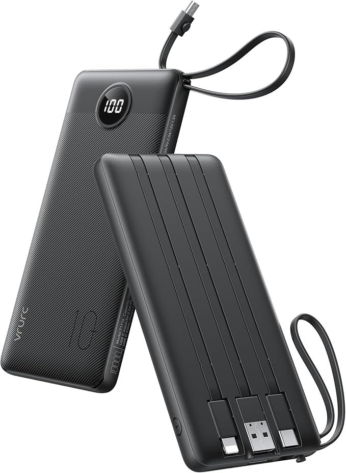 VRURC Portable Charger with Built in Cables, Slim Power Bank 10000mAh, USB C Battery Pack Travel Essential, 5 Outputs 2 Inputs Phone Charging Bank for iPhone 16 15 14 13,Samsung,Android-Black(1 Pack)
