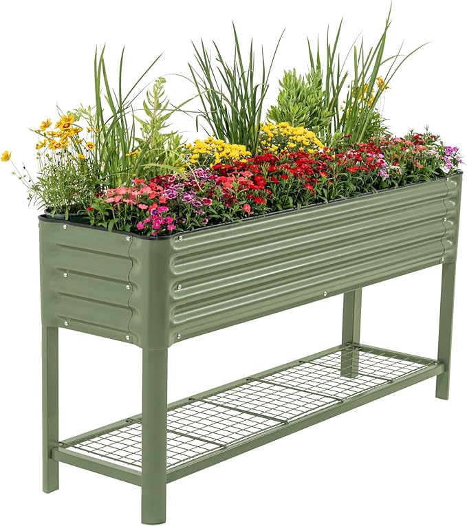 Elevated Raised Garden Bed- Slim Series, 1.5' x 5.5' Outdoor Planters Boxes with Legs & Storage Rack for Patio, 750 Lbs Weight Capacity, Raised Beds for Gardening Herbs Vegetables Flowers, Olive Green