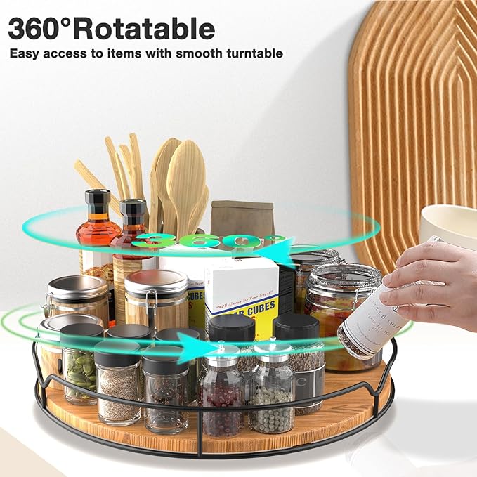 Lazy Susan Turntable Organizer for Cabinet Pantry Kitchen Countertop Refrigerator Cupboard, Pine Wood (Carbonized Black, 14“)