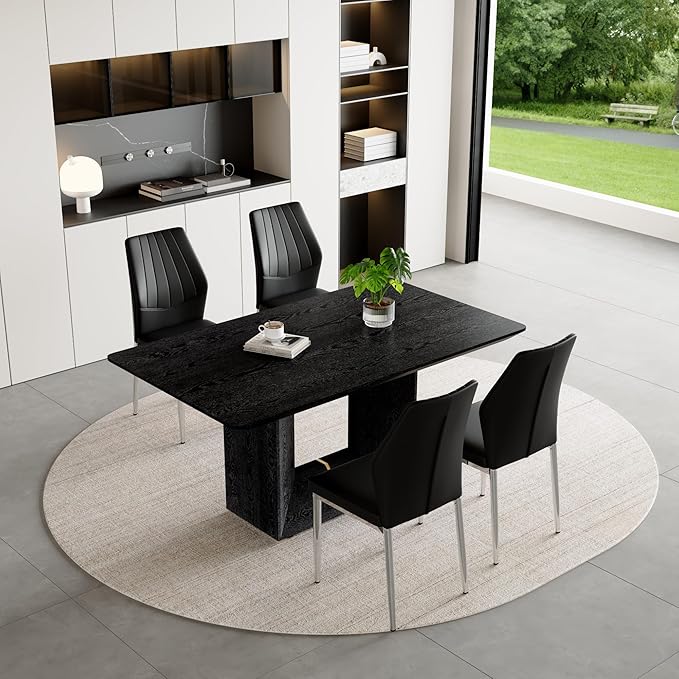 63" Modern Black Dining Table Set for 4 with Chairs, 5 Piece Rectangular Dining Room Table and 4 PU Leather Chairs, Kitchen Dining Set with Matte Wood Finish, Geometric Base, Easy Assembly