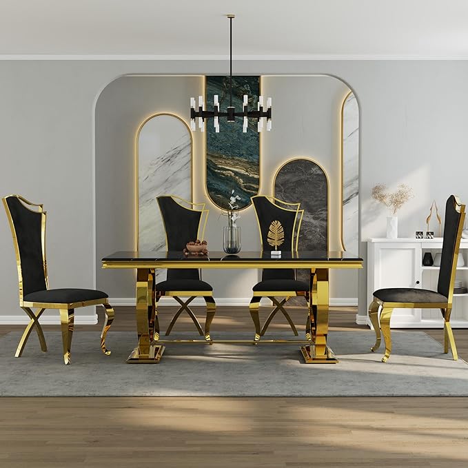 Asday Black and Gold Dining Table, 72 inch Luxury Dining Room Table with Gold Stainless Steel Metal U-Base for 4-8
