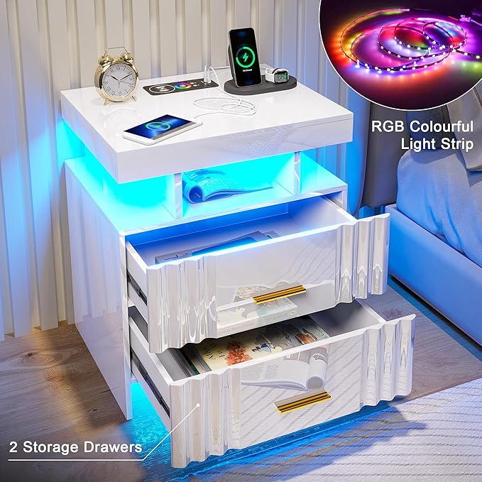 Nightstand with Wireless Charging Station, Bedroom Bedside Table with RGB Lights, Smart Night Stand with 2 Drawers, Bedside Tables Modern Bedside Table for Bedroom, Living Room(White)